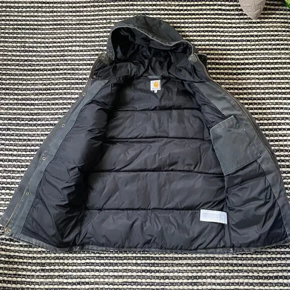 🌿Carhartt Mens Heavy Canvas Gray Black 2 Way Zip Hooded Puffer Douglas Jacket M